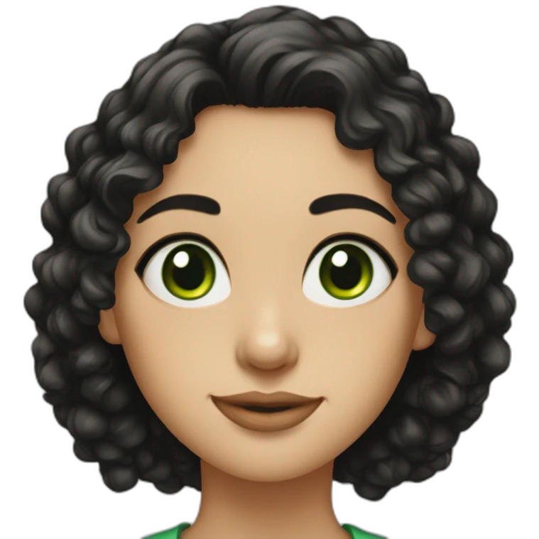 Portrait of a young woman with black curly hair and green eyes emoji