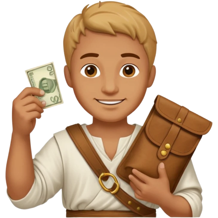 Emoji portrait of a Roman merchant. Loose-fitting clothes, holding a money pouch, cheerful expression. emoji