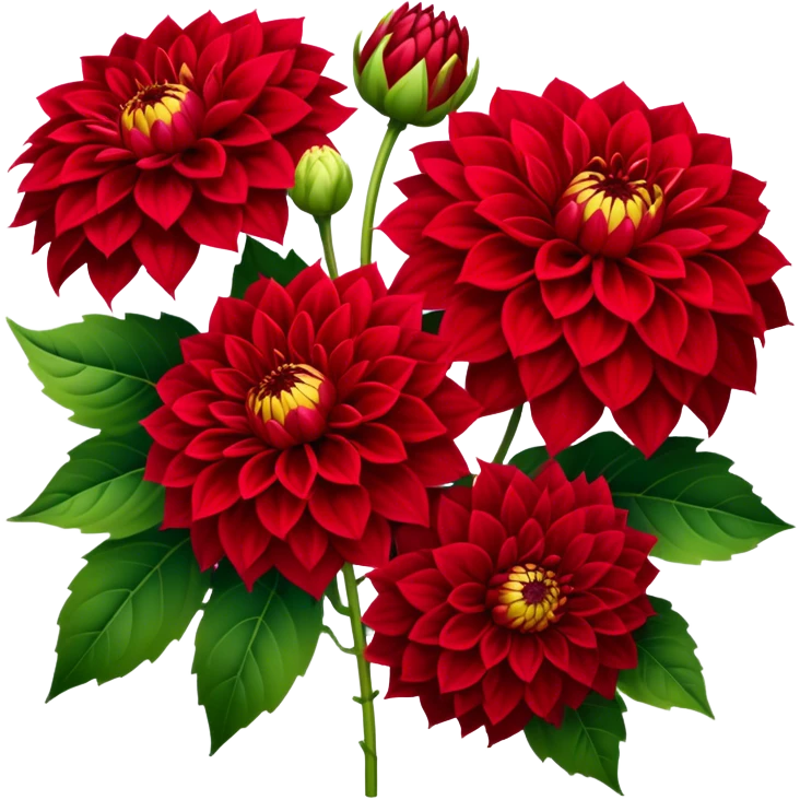 big bouquet Red Dahlia, luxuriant, stem, leaf emoji
