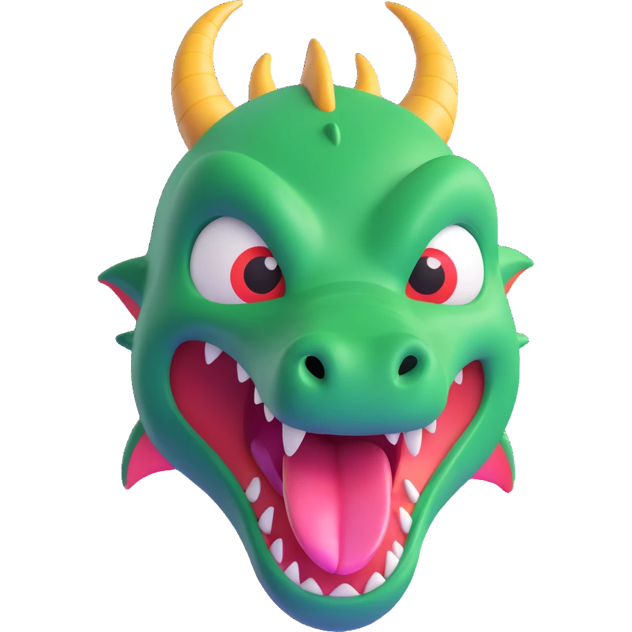 face of a cute fitness dragon coach, 3D emoji style, playful expression, tongue out emoji