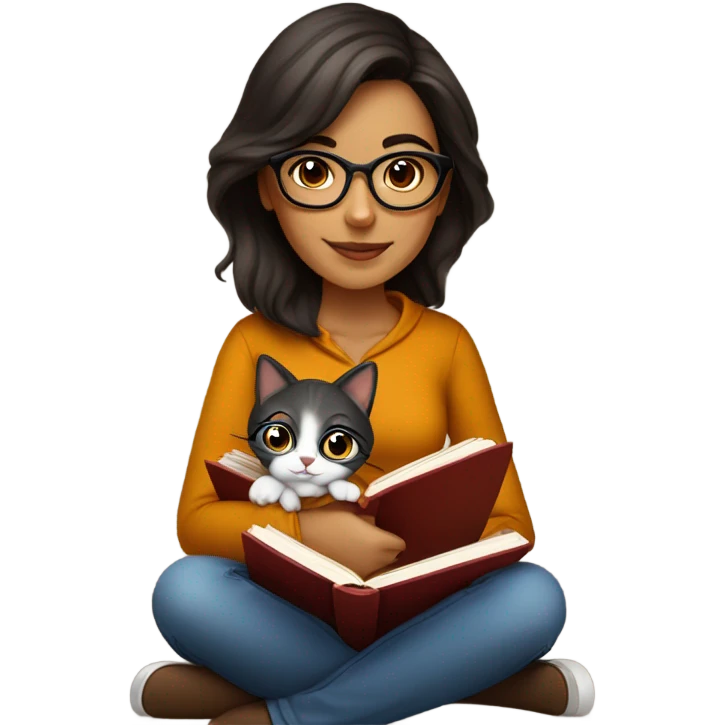 Beautiful Hispanic, wearing glasses girl sitting with a cat and book on her lap.  She’s wearing fall colors.  emoji