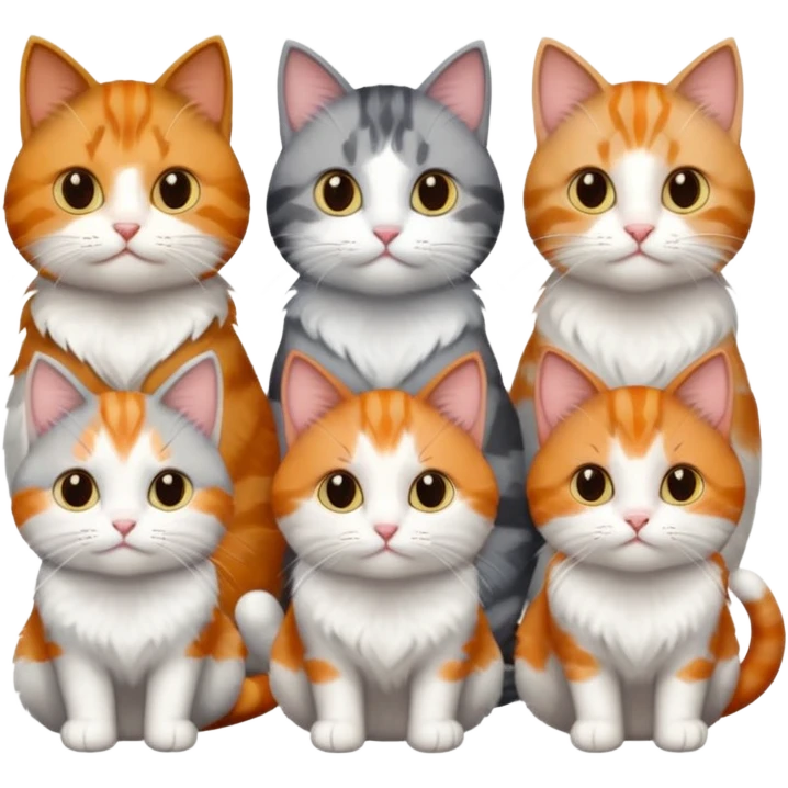 6 cats with different coloured coats, 2 are grey and white, 1 is grey with a little white, 1 calico, 1 brown tabby and white and one ginger and white emoji