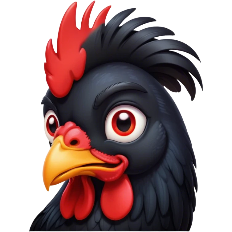 Cinematic Cute Black Rooster Portrait Emoji, Head tilted playfully and inquisitively, featuring a glossy, immaculate black plumage with a vibrant red comb, round, sparkling eyes filled with curiosity, Simplified yet irresistibly adorable features, highly detailed, glowing with a warm, friendly glow, high shine, affectionate and spirited, stylized with a touch of farmyard whimsy, bright and endearing, soft glowing outline, capturing the essence of a mischievous yet loving rooster, so playful it feels like it could strut out of the screen and into your arms! emoji