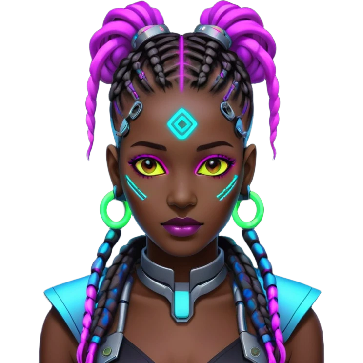 Cyberpunk African woman with futuristic braids, neon glowing accessories, tech implants, and vibrant colors emoji
