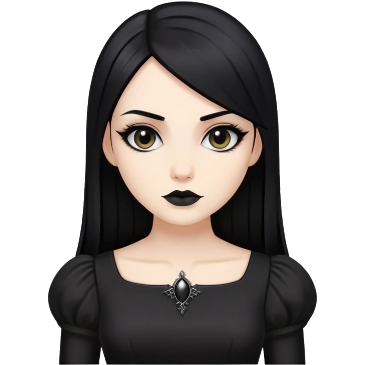 A gothic, pretty, woman with sleek black hair, gothic  black dress emoji