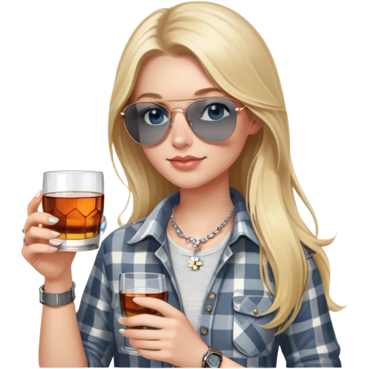 girl
blue eyes
long blond hair with daisy in it
wearing grey/white plaid shirt
wearing aviator sunglasses
wearing silver necklace around her neck
holding a glass of whiskey 
wearing rose gold apple watch  emoji