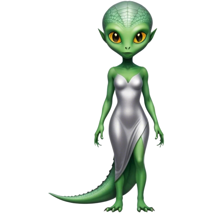 Green Alien reptilian woman in silver dress, full figure, yellow eyes, no tail emoji