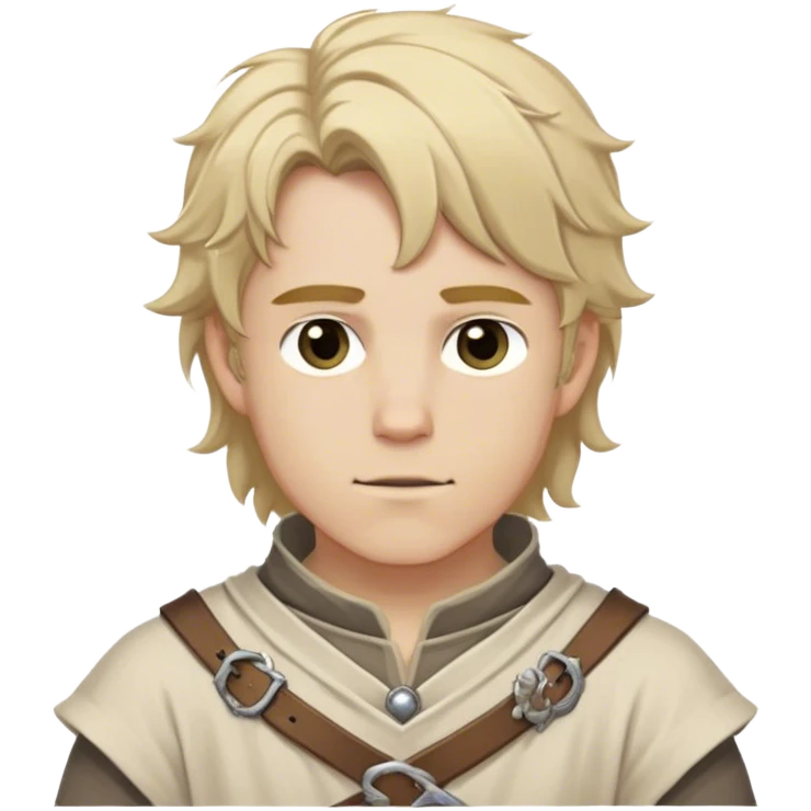 Medieval spring outfit worn by a DnD themed fantasy male character. Oatmeal-colored cotton tunic with pewter buttons at the collar, wrapped with a wide woven belt in earth tones. Clothes only above the waist, full waist coverage. The character has no arms. Character is white-skinned with sandy blonde hair, stormy gray eyes, and medium-length tousled hair. emoji