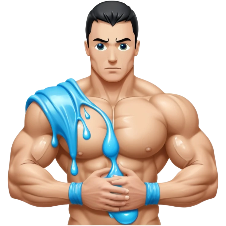 Surreal "Water Armor" concept: Bodybuilder's entire upper body made of liquid-filled latex, sloshing with movement. Distended bicep skin like overfilled condom, droplets leaking at needle puncture sites. High-shine wet look. emoji