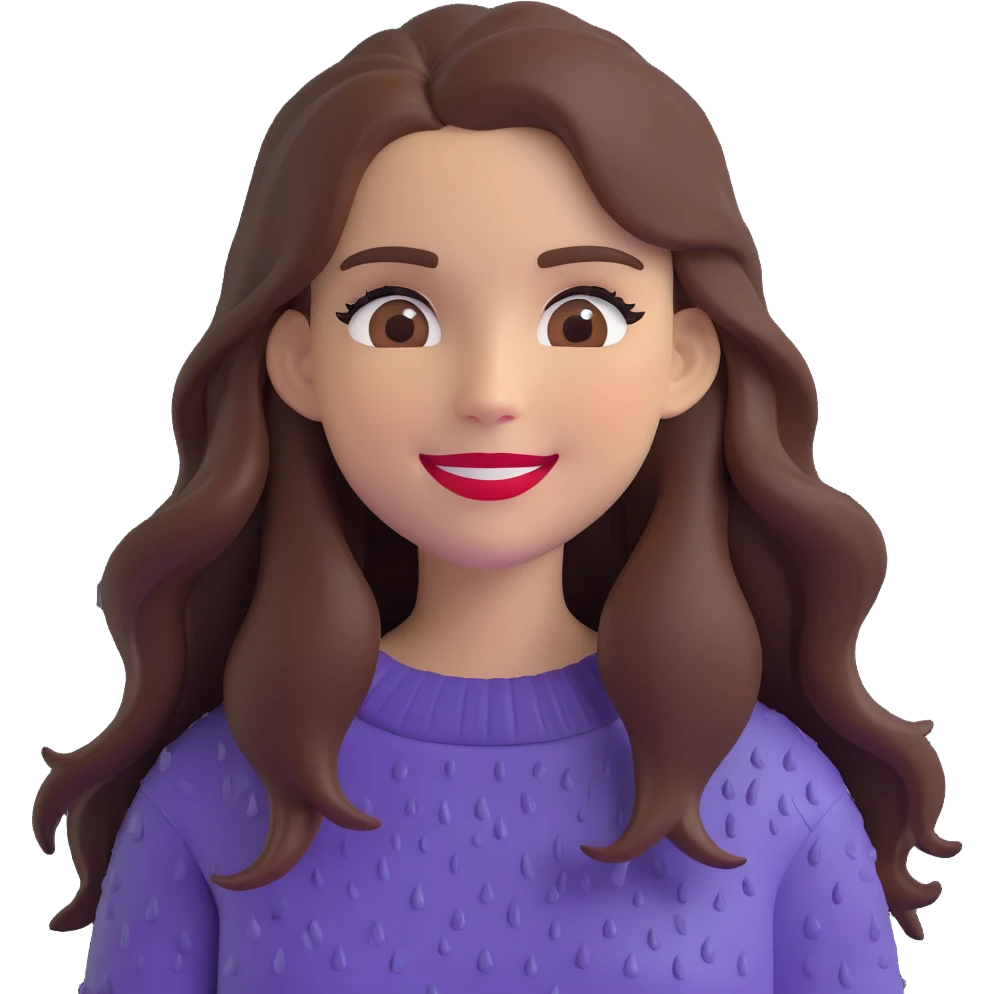 white woman with long brown hair and brown eyes, wearing a sweater, smiling in the rain, with long eyelashes and red lips, 3D emoji style emoji