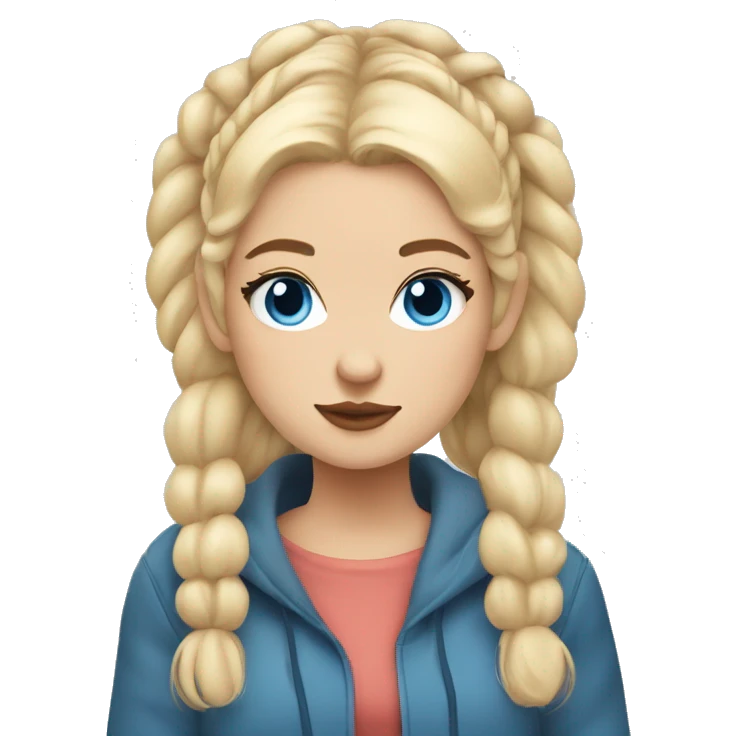 Girl, cozy, half up blonde hair with space buns, blue eyes, blanked emoji