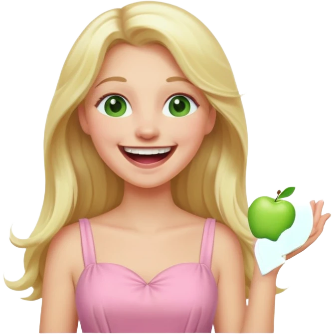 blonde with long hair and green eyes, wearing a pastel pink dress, laughing, iOS Apple emoji style emoji