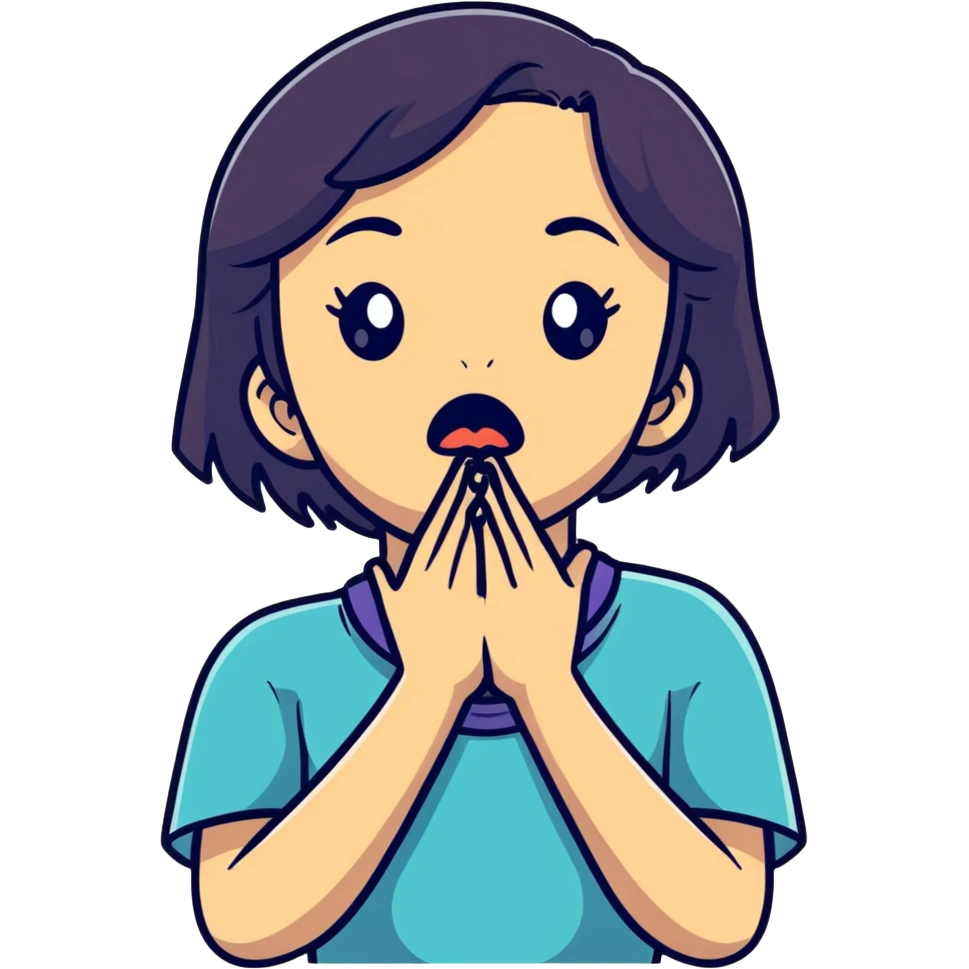 cartoon style girl showing emotional distress, hands at her throat, exaggerated facial features emoji