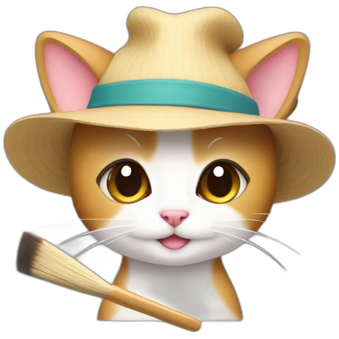 Kawaii cat artist in hat with a brush so it can be used as a mouse cursor emoji
