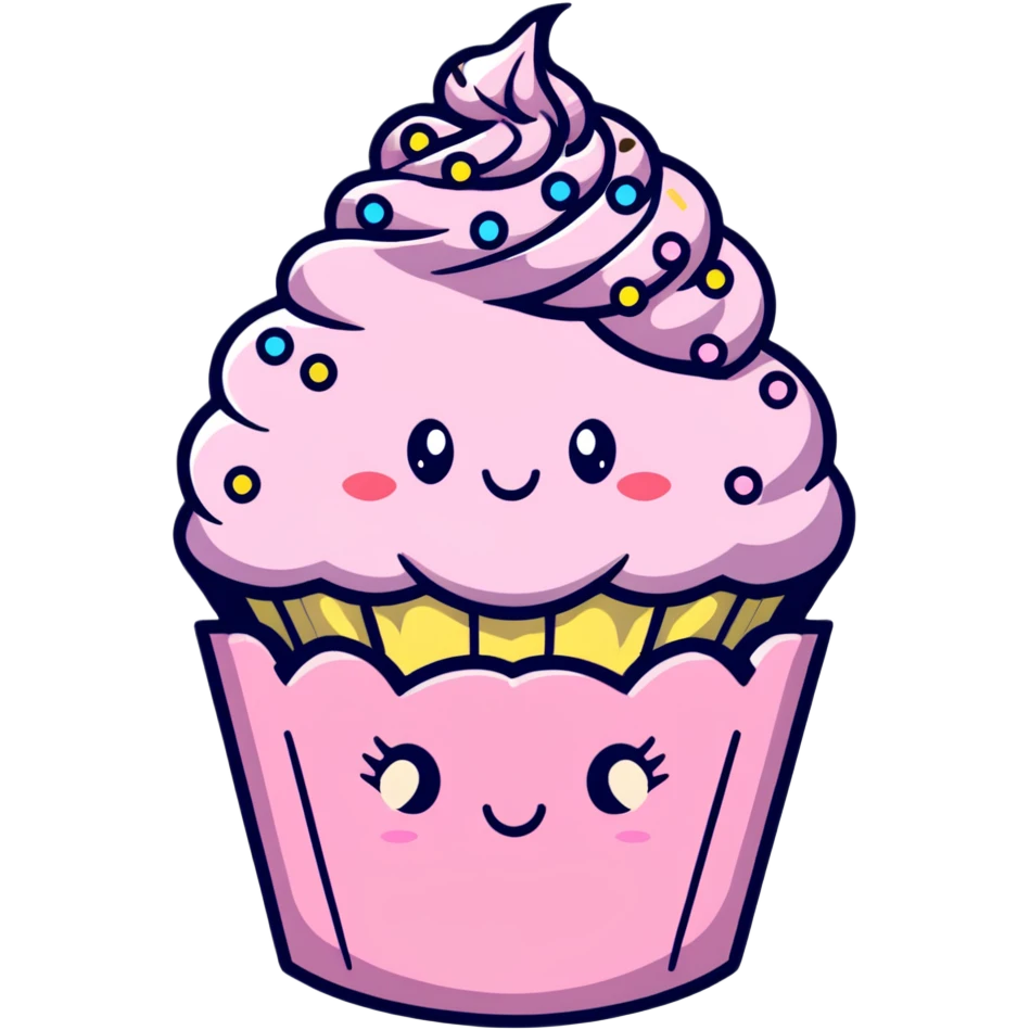 pastel pink cupcake with cute face and sprinkles emoji