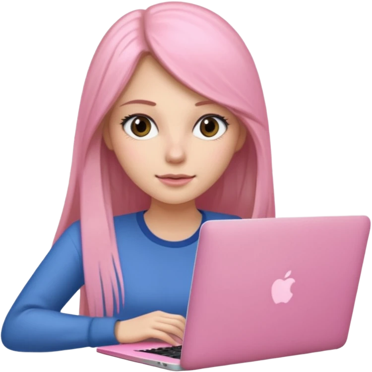 Mujer lacia peli larga y peli larga  en una MacBook rosa investigando y haciendo tareas con un libro de apuntes y con cara muy linda como modelo emoji
