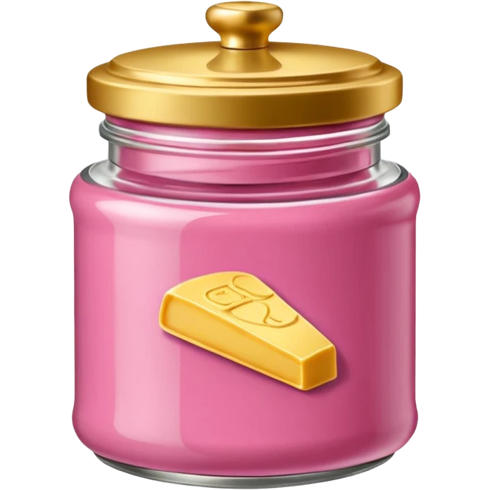 Una miniatura fotorrealista de un tarro de mantequilla corporal elegante, con una tapa dorada brillante. Una sola moneda de oro, pequeña y sutil, reposa al lado del tarro. Iluminación suave de estudio. Colores: rosa, terracota y dorado. Estilo: lujo en miniatura. emoji