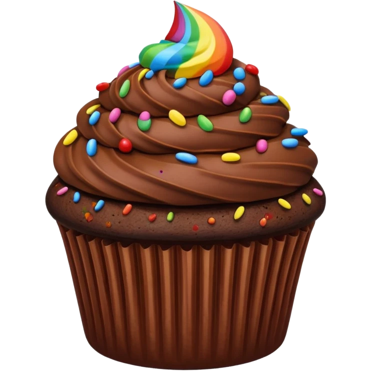 chocolate cupcake with chocolate frosting only, rainbow sprinkles emoji