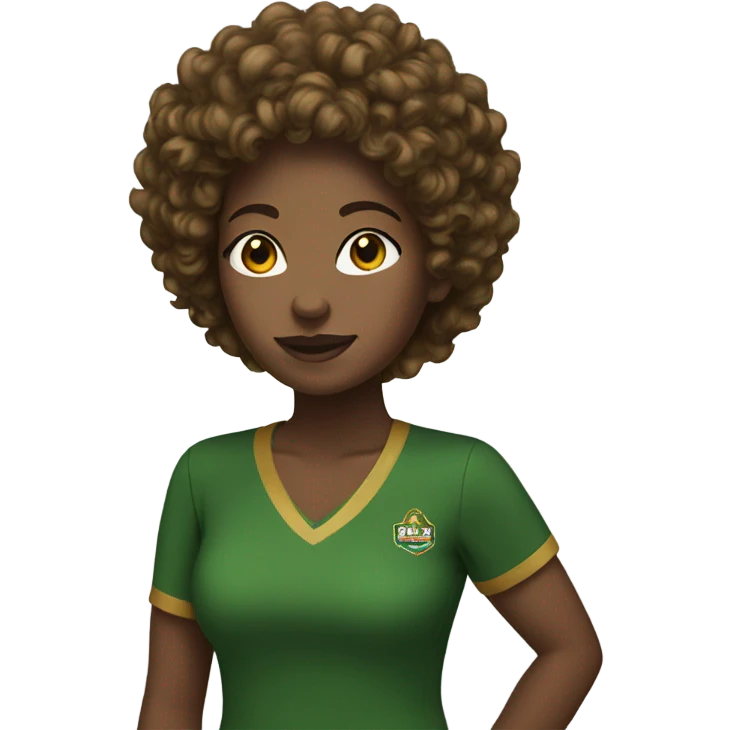 Black lady in NSU green and gold shirt and short brown curly hair emoji