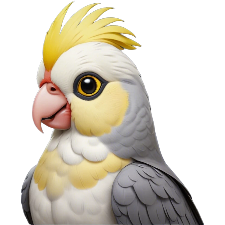 Cinematic Noble Cockatiel Portrait Emoji, Poised and regal, with a slender, delicate build and a beautifully groomed grey fur accented by vibrant yellow cheek patches and a graceful crest, deep-set soulful dark eyes, Simplified yet sharp and sophisticated features, highly detailed, glowing with a soft, dignified glow, high shine, intelligent and charming, stylized with an air of elegance, focused and attentive, soft glowing outline, capturing the essence of a watchful and confident avian companion, so majestic it feels as though it could flutter out of the screen with effortless authority! emoji