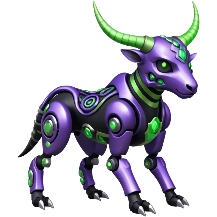 Futuristic mechanical cyborg horned modern badass cool shiny metallic alloy black-obsidian purple neon-green white lime animal hybrid Fakemon full body with intricate patterns emoji