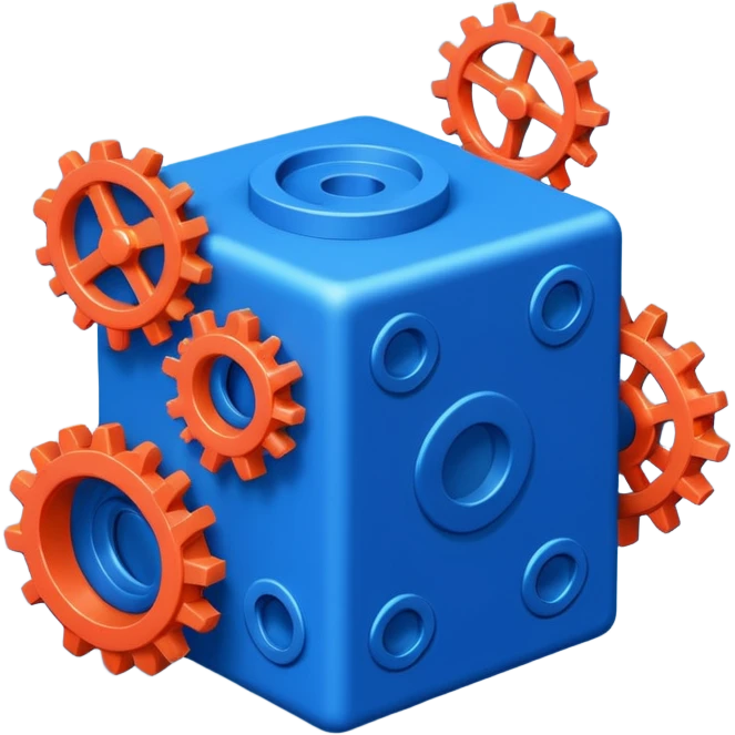 Modern minimal emoji: building blocks + connection flows + gear. Deep blue and coral colors. Professional no-code expert signature. Geometric clean style. emoji