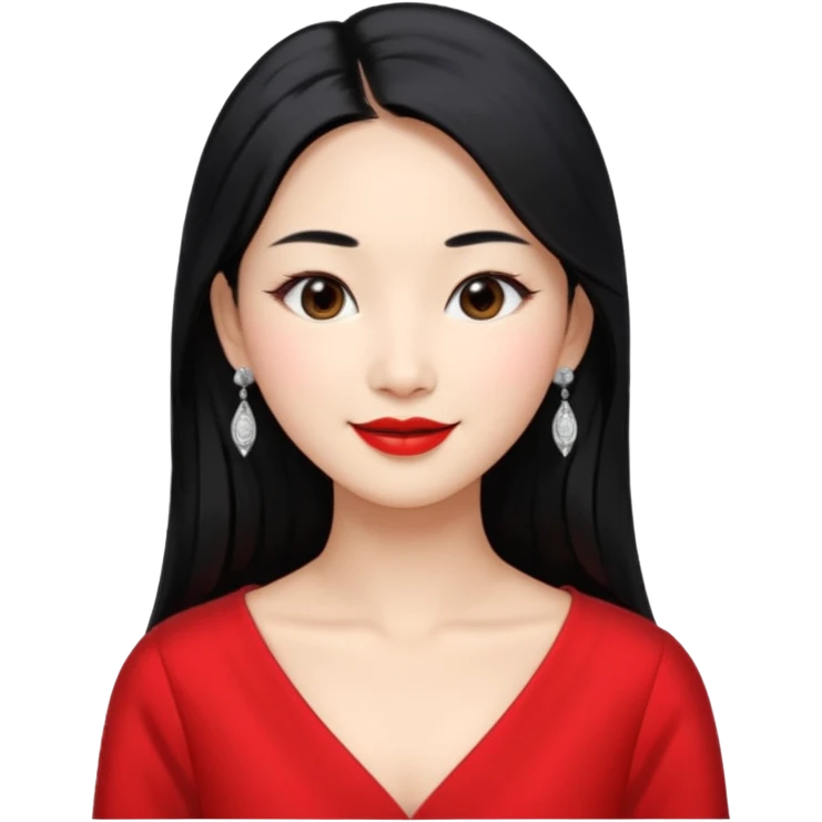 30 yr old asian woman, middle parted straight long black hair, very pretty, fancy dress, earings, red lipstick, silver earings emoji