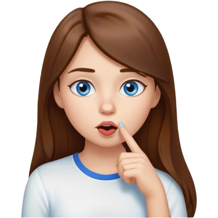 a girl with long hair, blue eyes telling to be quiet with the finger near her mouth emoji