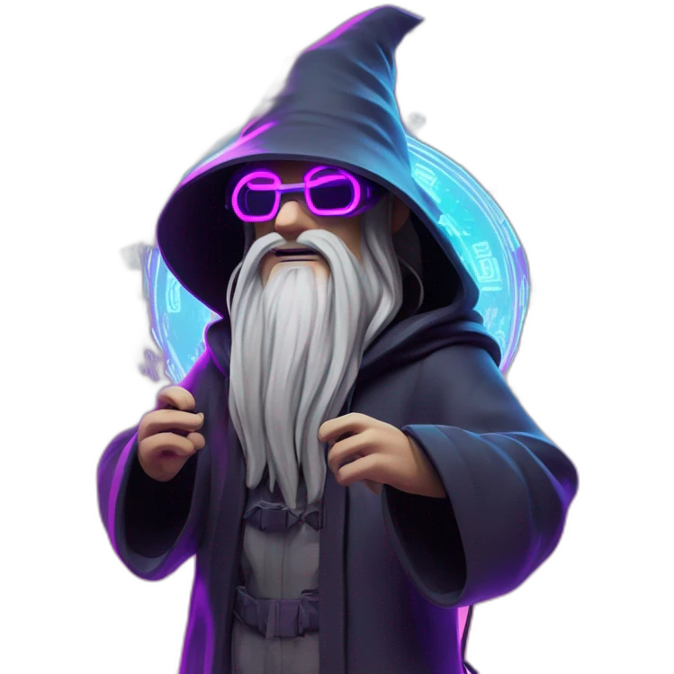Gandalf wearing a black hoodie with "OMG" letters on it and VR headset in a cyberpunk VR environment with violet neon lighting. emoji