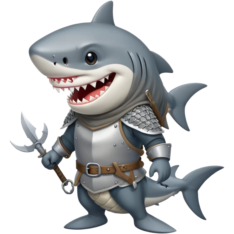 Anthropomorphic shark wearing a gambeson and chainmail coif with messy black hair smiling emoji