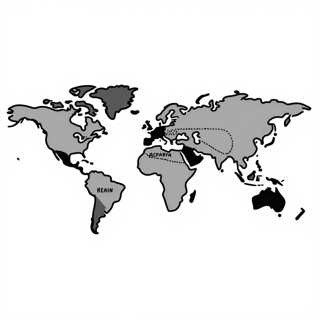 hand-drawn world map with a dotted route line connecting multiple countries emoji