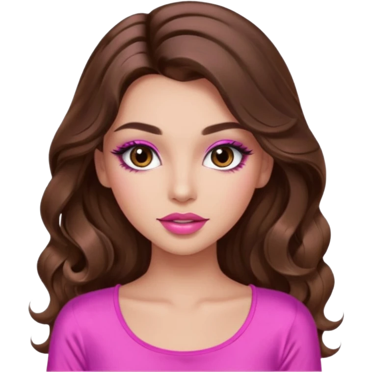 girl with long wavy brown hair, brown eyes, long lashes makeup, sexy pink lips, light to medium complexion, wearing a pink sexy top emoji