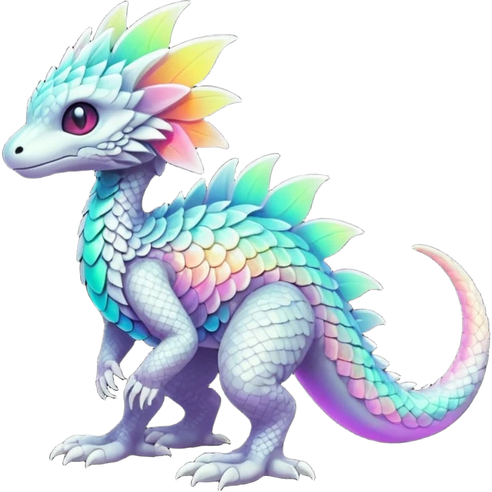 futuristic lush warm-colored iridescent whitish silvery scaley neon-colored Fakémon-Trico-creature (full body) emoji