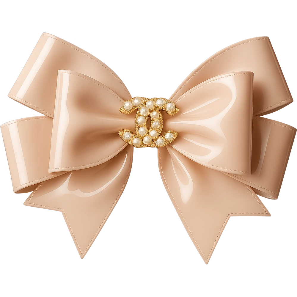 Add a solid black background behind the elegant bow with pearls and gold Chanel logo, glossy, pastel colors, realistic style with soft reflections and highlights on the bow and pearls. emoji