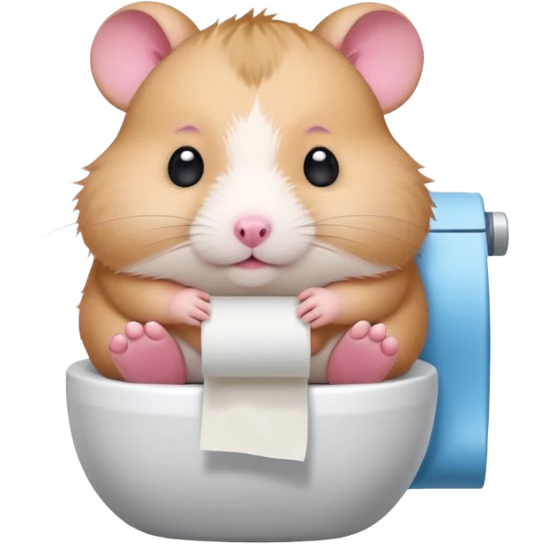 Cute chubby cartoon-style hamster sitting on toilet holding toilet paper looking as if he had an accident, sticker-style illustration emoji