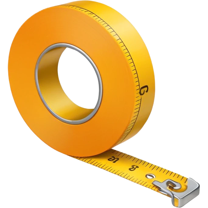 Flat vector illustration of a rolled measuring tape in yellow and orange color, simple bold outlines, minimal shading, emoji style, centered on white background. emoji