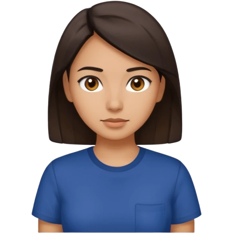  Una donna con una maglietta a mezze maniche blu scuro, i capelli lisci,lunghi,castani scuro e gli  occhi marroni la pelle olivastra emoji