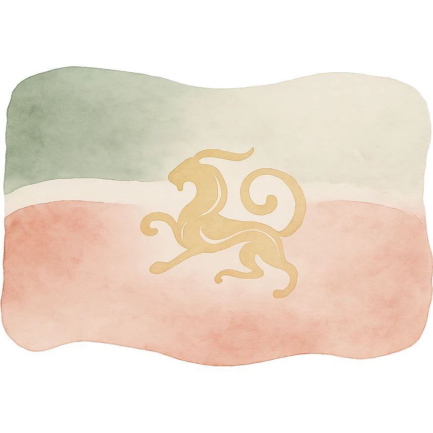 Tatarstan flag, watercolor painting style, soft and blended colors, green, white, and red hues, golden emblem, artistic brush strokes, gentle and flowing, national symbol, cultural heritage emoji