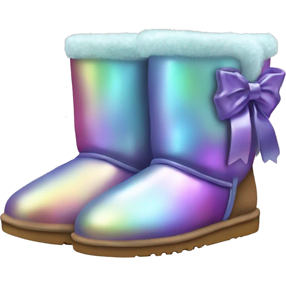 Pair of iridescent Ugg fur boots with ribbon bows. emoji