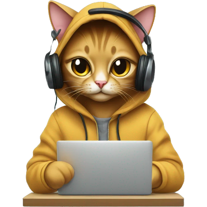 cat is a graphic designer in a hoodie and headphones, working at a computer in photoshop emoji