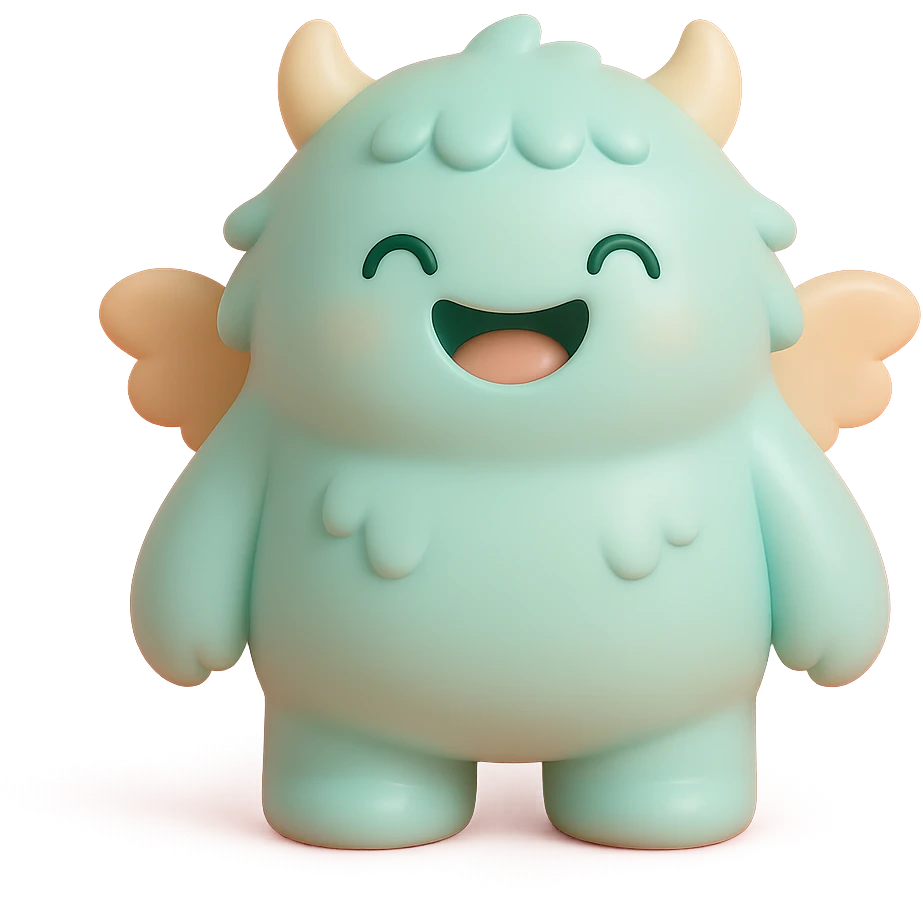 adorable monster with fluffy fur, tiny wings, happy expression, soft color palette emoji