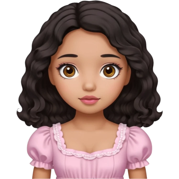 Tan skin girl, brown Asian eyes, black soft wevy hair, doll  beabadoobe makeup, baby pink Victoria dress  emoji