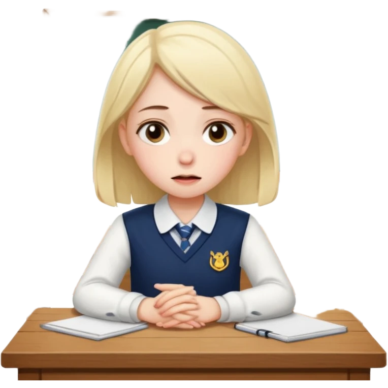 an anxious girl in school uniform sitting in front of a table  emoji