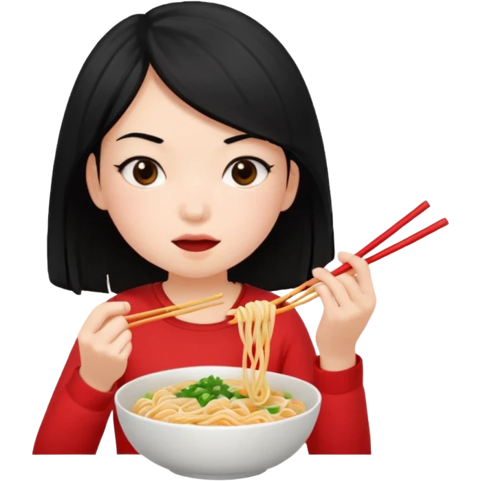 girl with black hair in 收人头、 eating noodles emoji