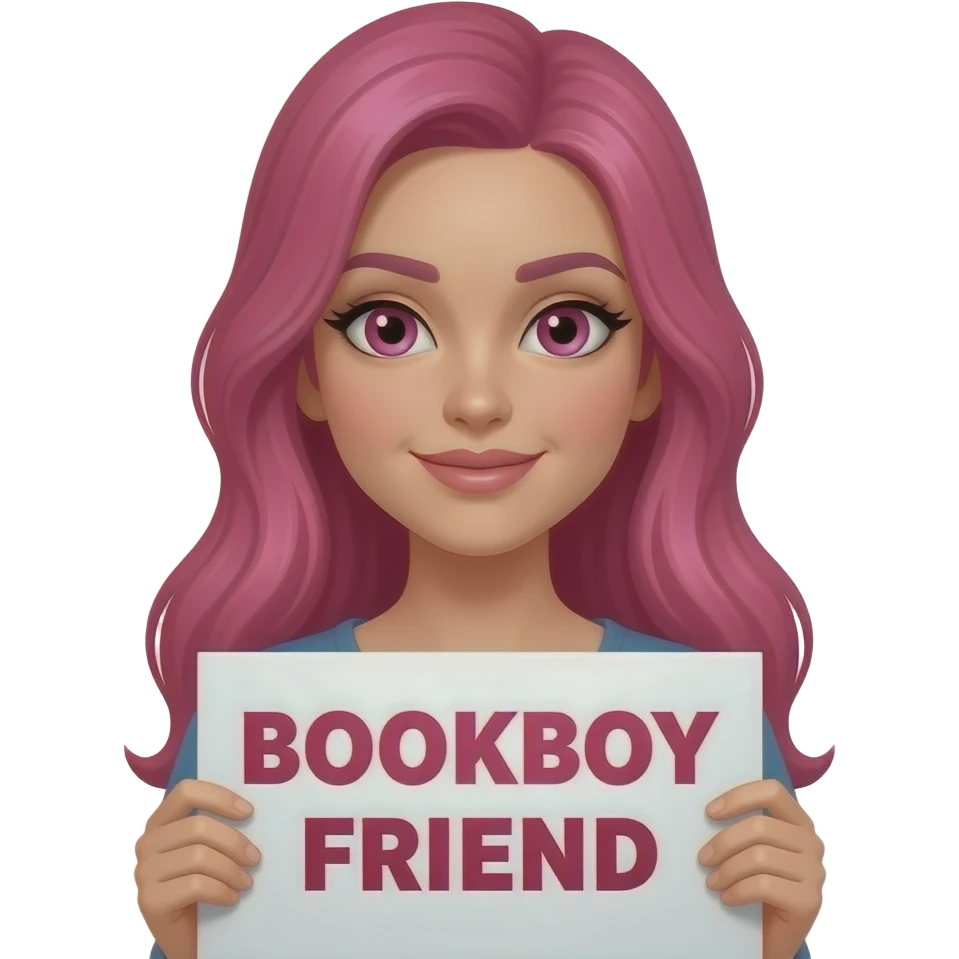sexy girl with long pink hair and pink eyes  holding a BOOKBOY FRIEND sign emoji