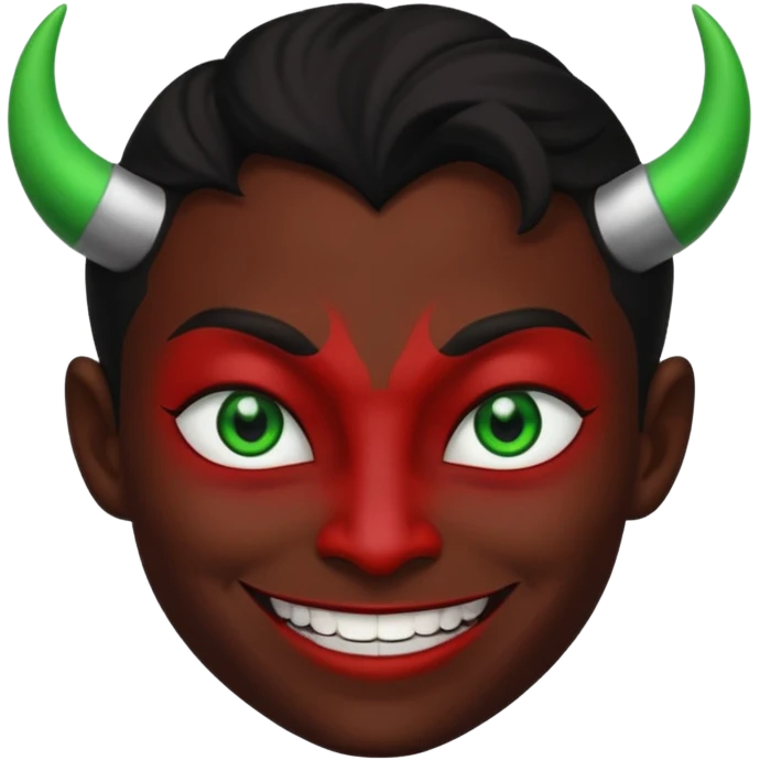 evil person with devilish smile and black face and green eyes emoji