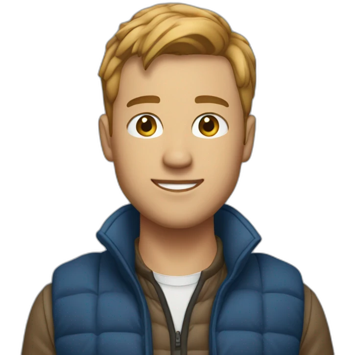 Finance bro with light brown short flow hair and puffer vest over blue shirt emoji