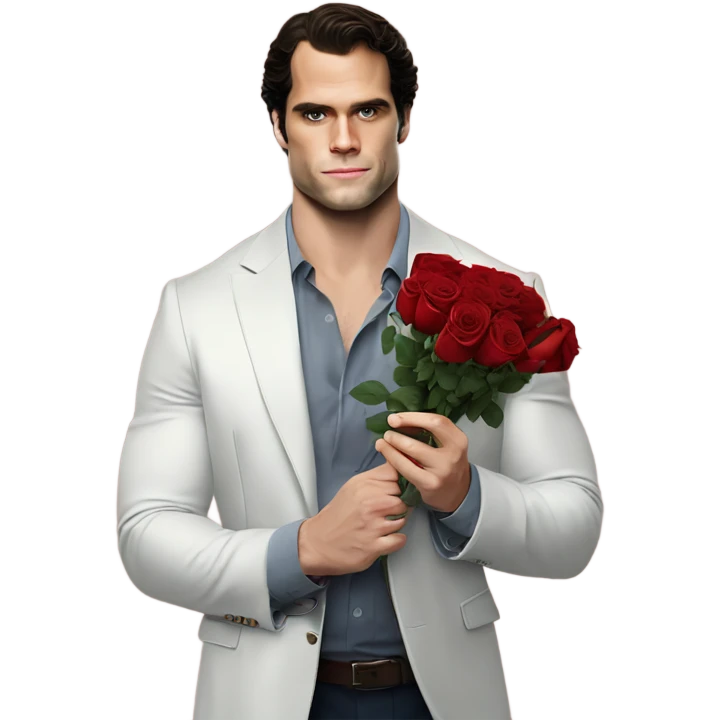 realistic photo of Henry Cavill holding roses and chocolates emoji