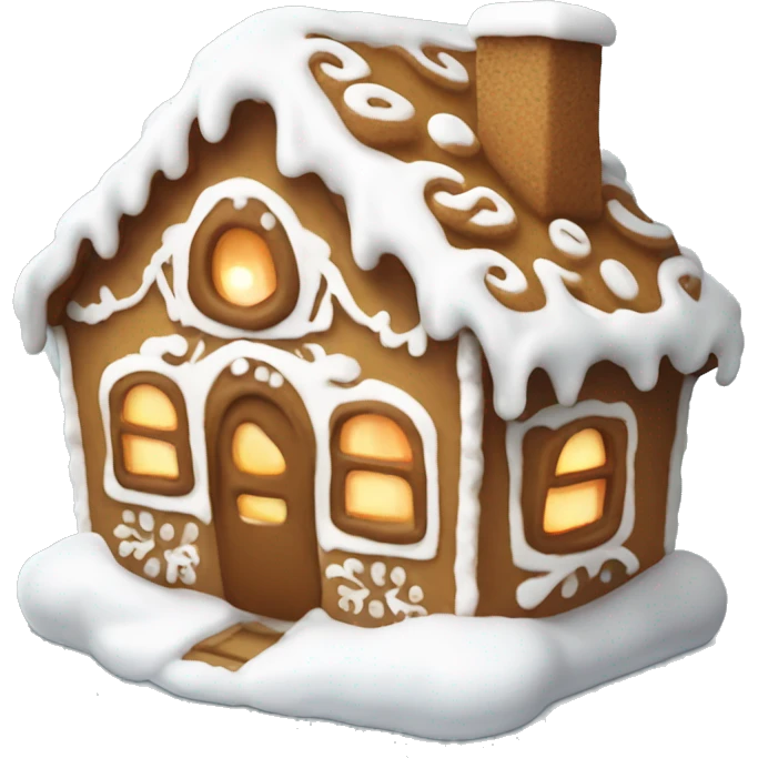 A cute little white and glowing gingerbread house with snow in the top emoji