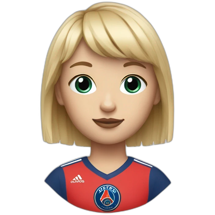 Blonde short hair fringe girl, blue eyes, a 1980 PSG jersey and a baguette emoji